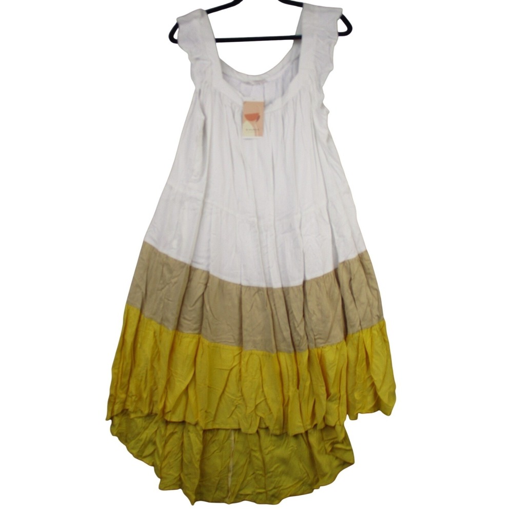 Kirundo XL Sleeveless Ruffle Colorblock Dress White Yellow Beige Boho Tiered Hem